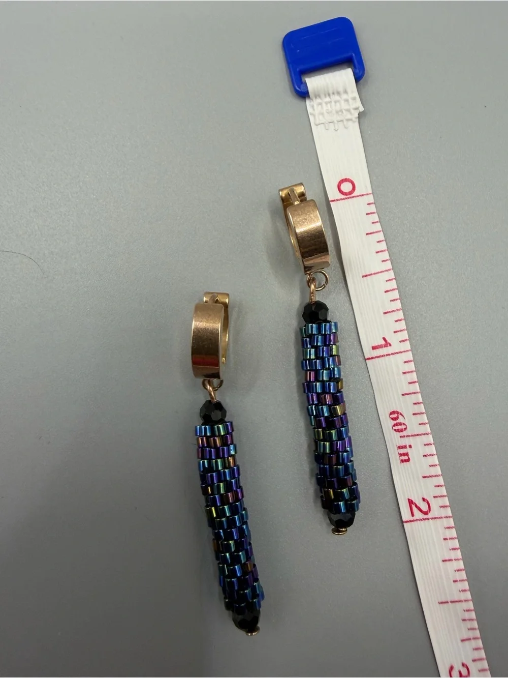 Gold Hoop Earrings with Iridescent Blue Beaded Drops